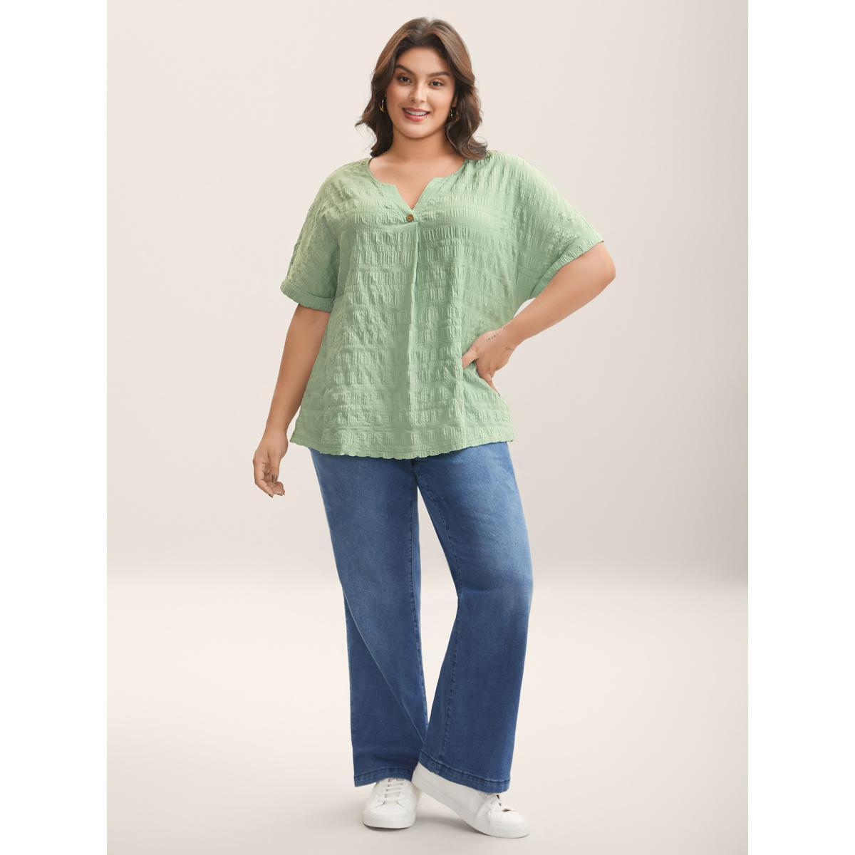 Plus Size Textured Pleated Front Button T-Shirt Greenbean Women Texture Flat collar with V-notch Everyday-Casual T-shirts BloomChic 28/5X Product Image