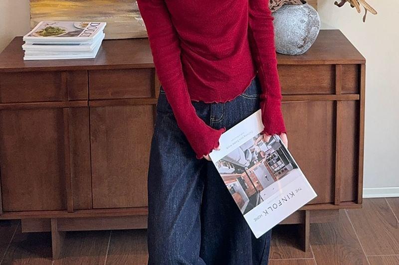 Mock Two-Piece Long-Sleeve Cold Shoulder Plain Knit Top Product Image