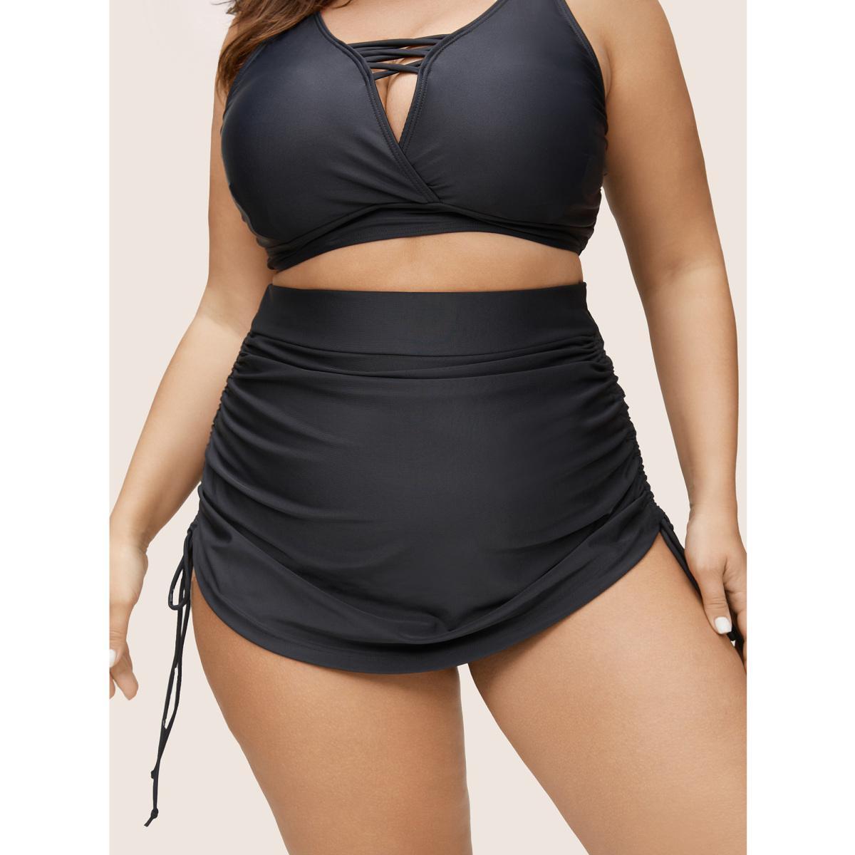 Plus Size Plain Ruched Drawstring Elastic Waist Swim Bottom Women's Swimwear Black Beach Non High stretch Skinny High Rise Curve Swim Bottoms BloomChic 28/5X Product Image