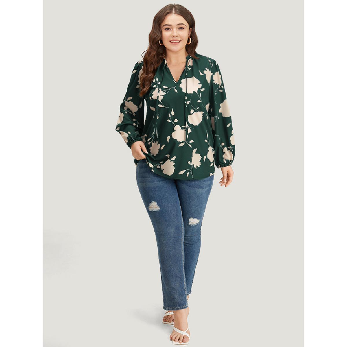 Plus Size DarkGreen Silhouette Floral Print Stand Collar Tie Neck Blouse Women Elegant Long Sleeve Tie Neck Dailywear Blouses BloomChic 12/L Product Image