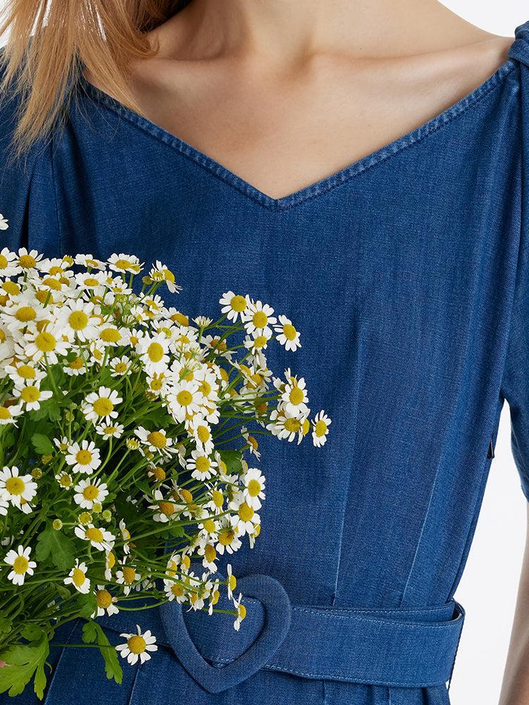 Denim Women Midi Dress With Heart-Shaped Buckle Belt Product Image