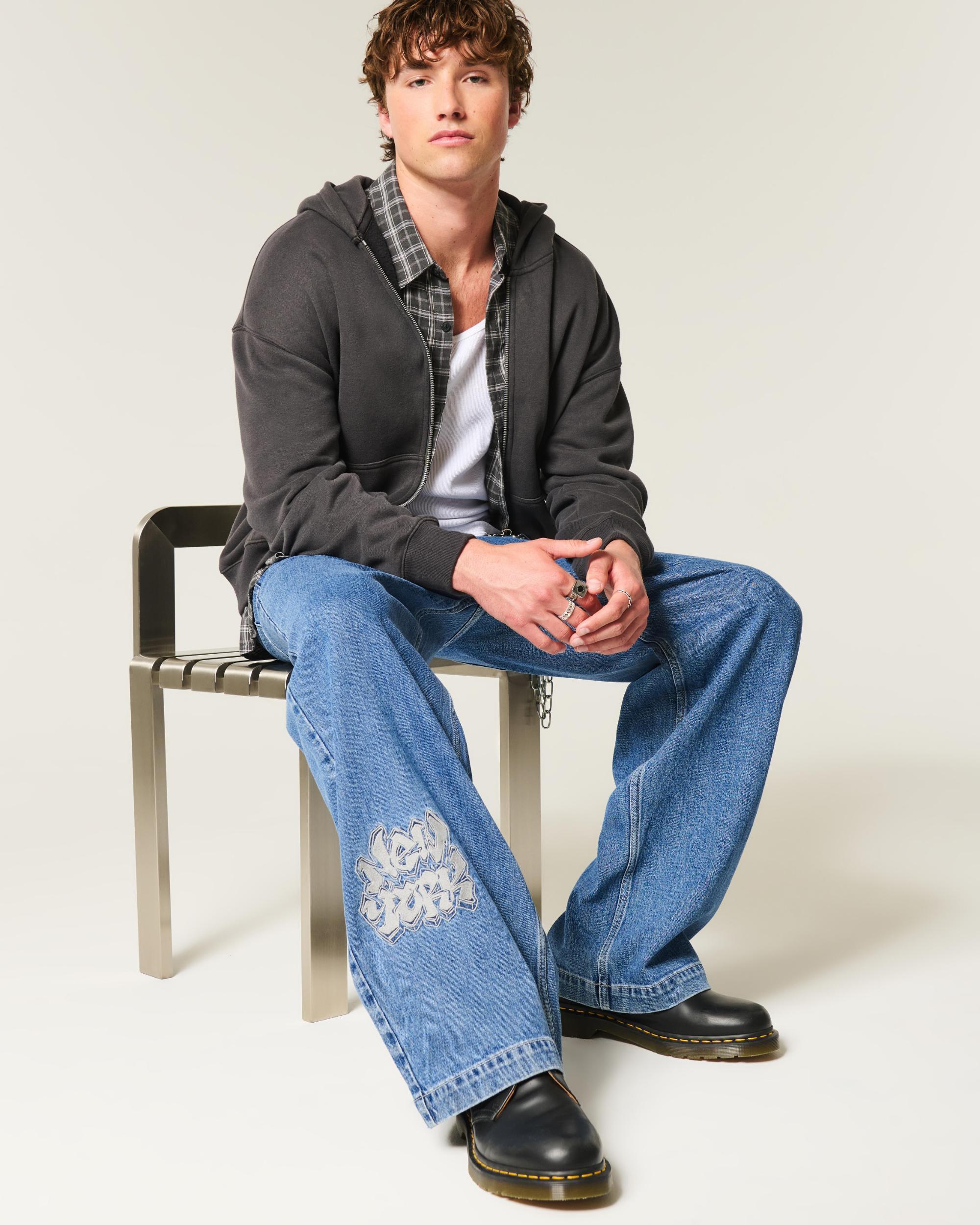Medium Wash NYC Graphic Super Baggy Jeans Product Image
