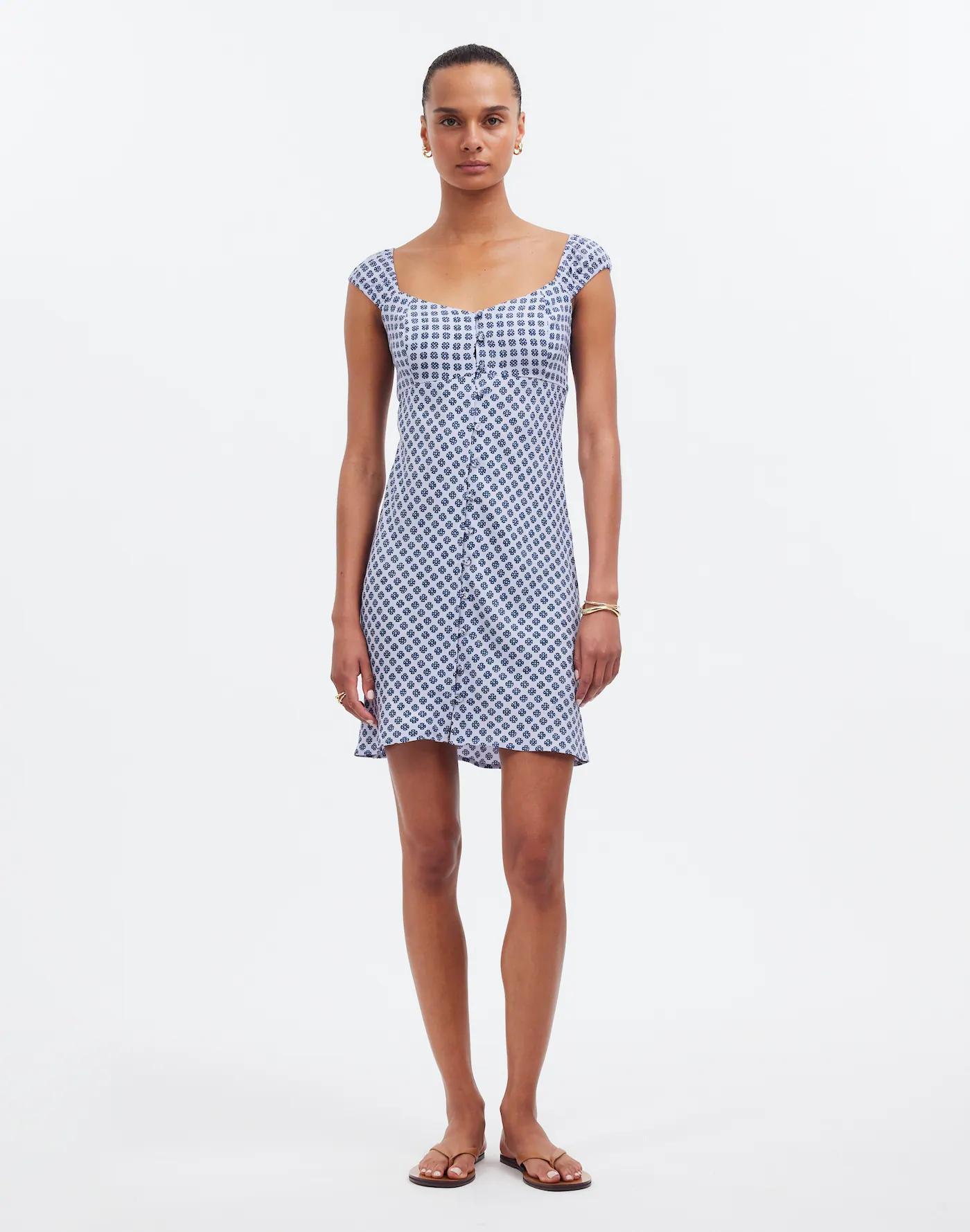 Cap-Sleeve Button-Front Mini Dress in Geometric Print Product Image
