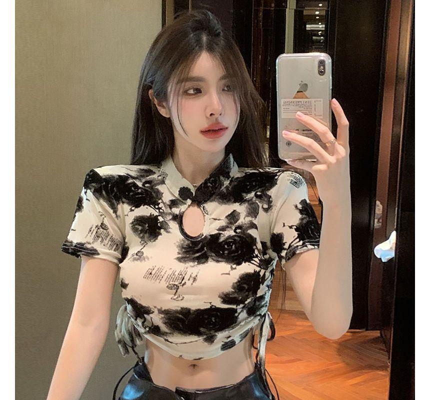 Short-Sleeve Mandarin Collar Drawstring Cropped T-Shirt Product Image