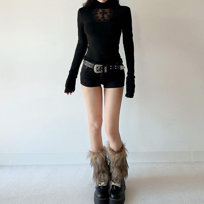 Long-Sleeve Mock Neck Cross Applique Mesh Panel Slim Fit Tee Product Image