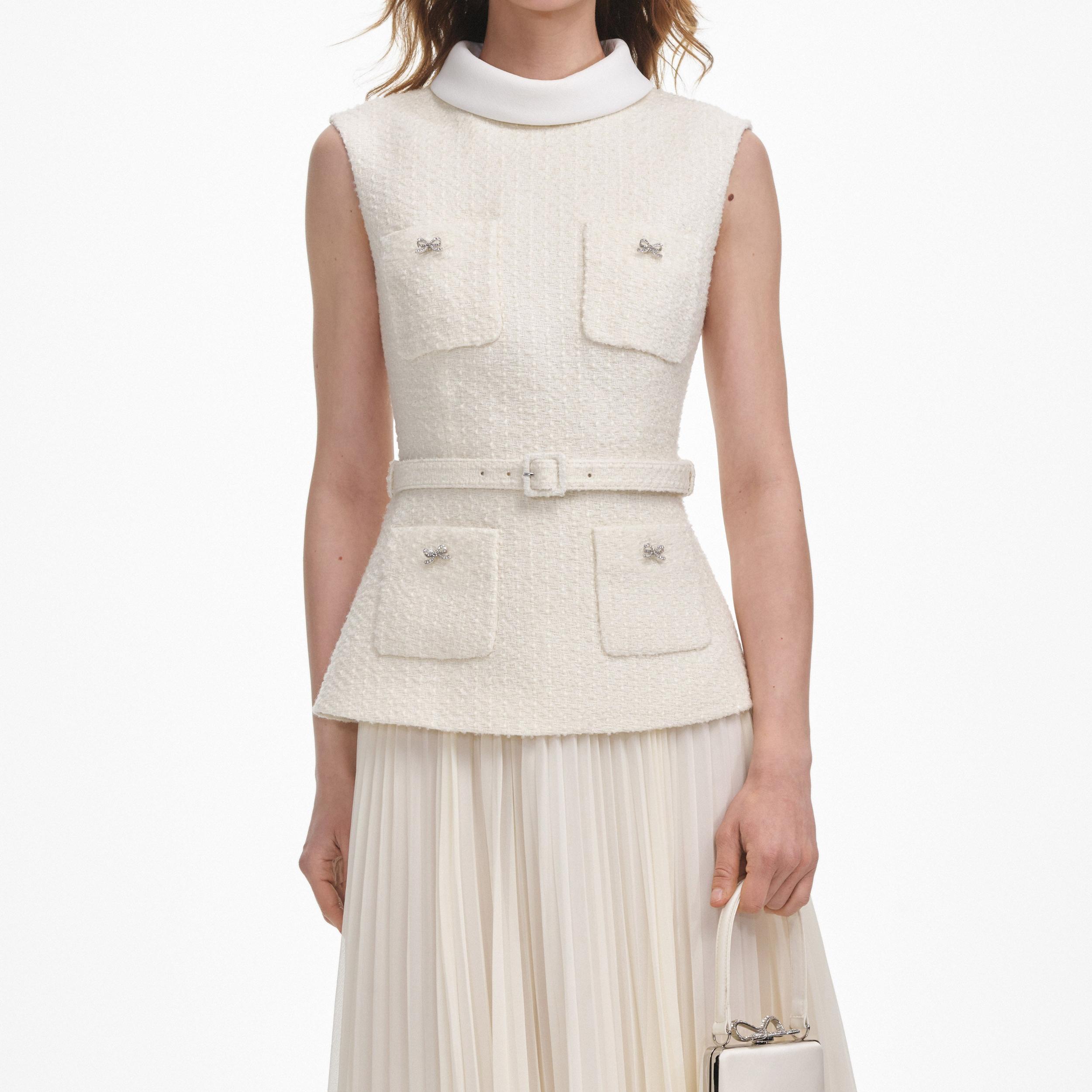 Cream Boucle Sleeveless Midi Dress Product Image