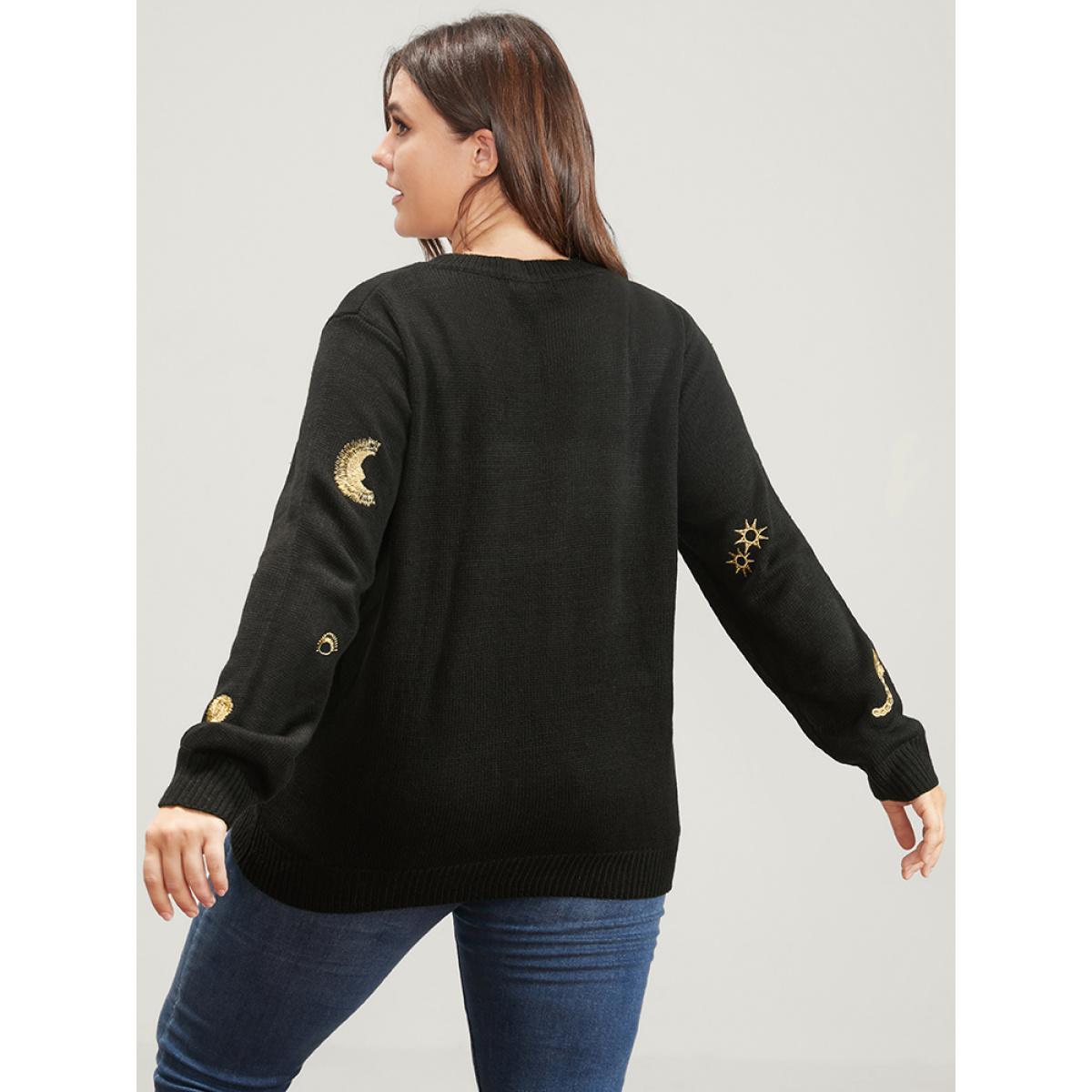 Plus Size Halloween Moon And Star Pointelle Knit Embroidered Knit Top Black Women Casual Loose Long Sleeve Round Neck Festival-Halloween Pullovers BloomChic 22-24/3X Product Image