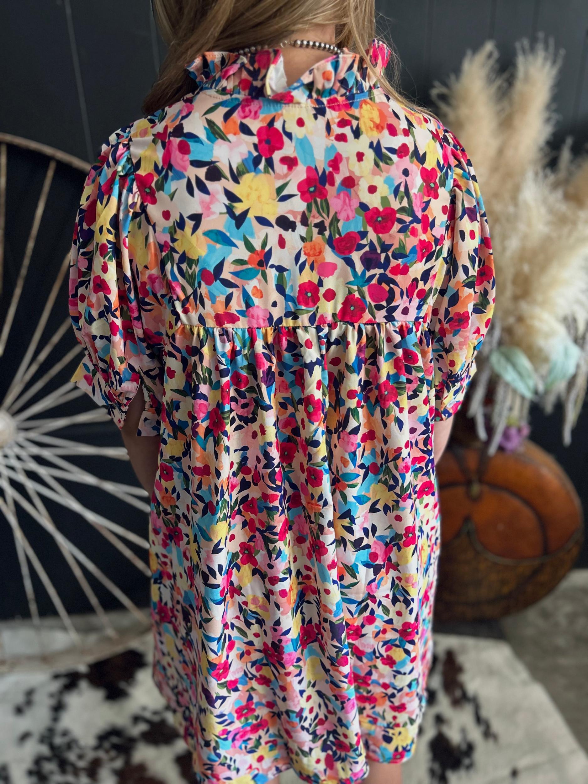 Floral Puff Short Sleeve V Neck Mini Dress Product Image