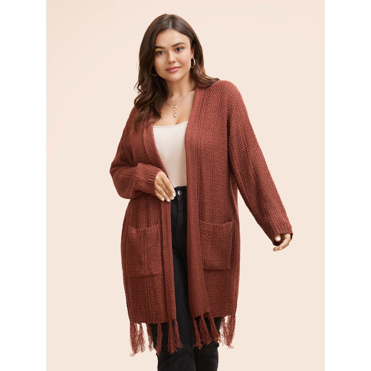 Plus Size Solid Tassel Trim Patched Pocket Cardigan Russet Women Resort Loose Long Sleeve Vacation Cardigans BloomChic 18-20/2X Product Image