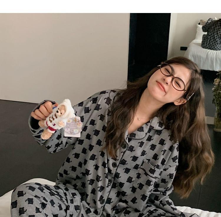 Pajama Set: Cat Print Pocket Detail Shirt + Pants Product Image