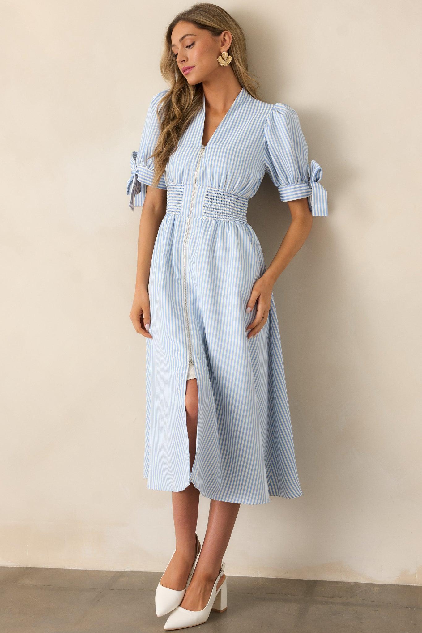 Afternoon Tea Sky Blue Stripe Zip Front Midi Dress Product Image
