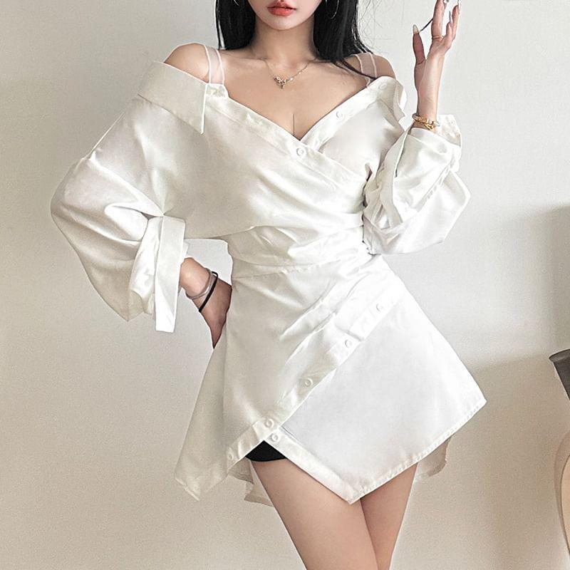 3/4-Sleeve Cold Shoulder Plain Asymmetrical Ruched Mini A-Line Wrap Dress Product Image