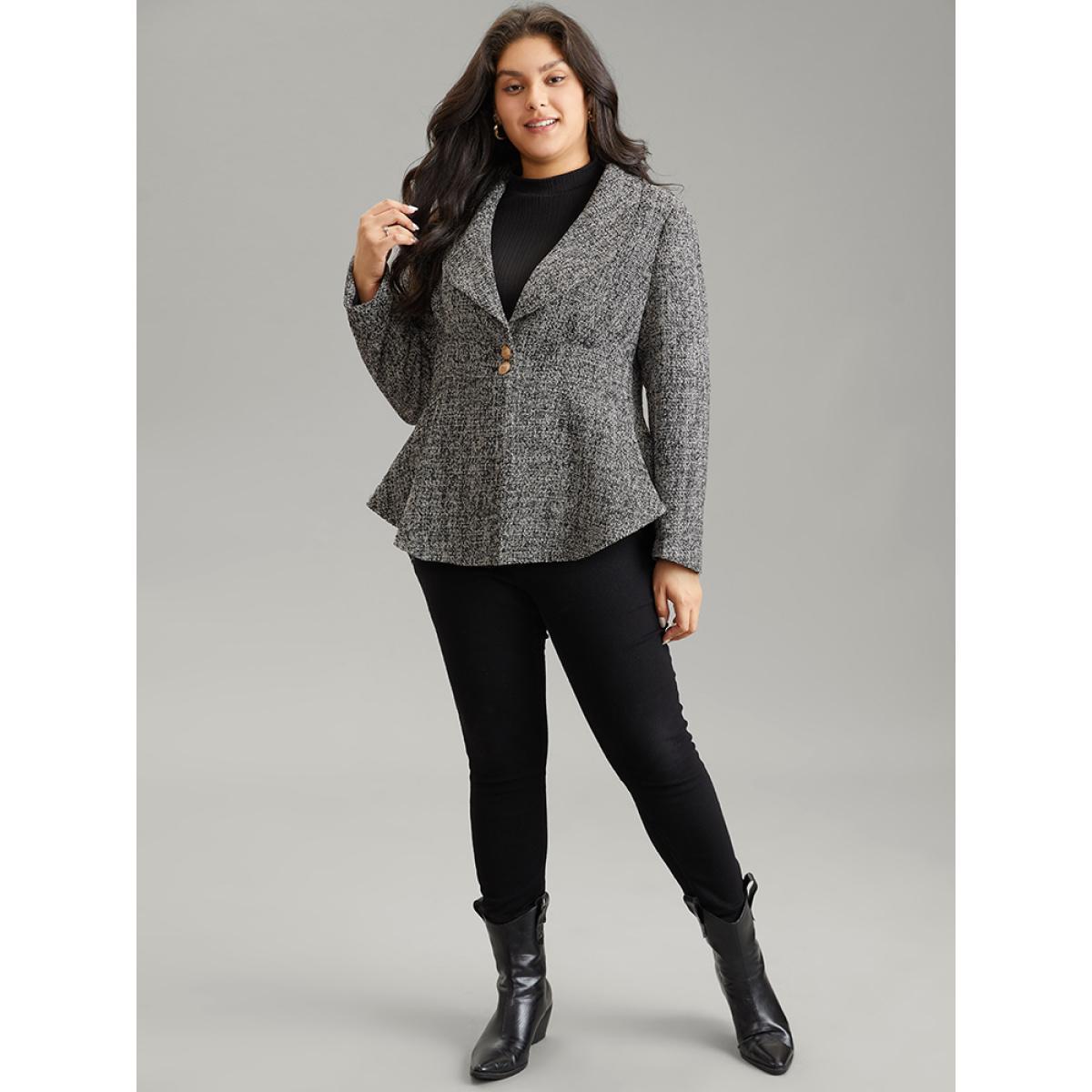 Plus Size Solid Texture Suit Collar Buckle Detail Blazer Black Women Work Plain Texture Sleeve Long Sleeve Suit Collar 26/4X At the Office Blazers BloomChic Product Image