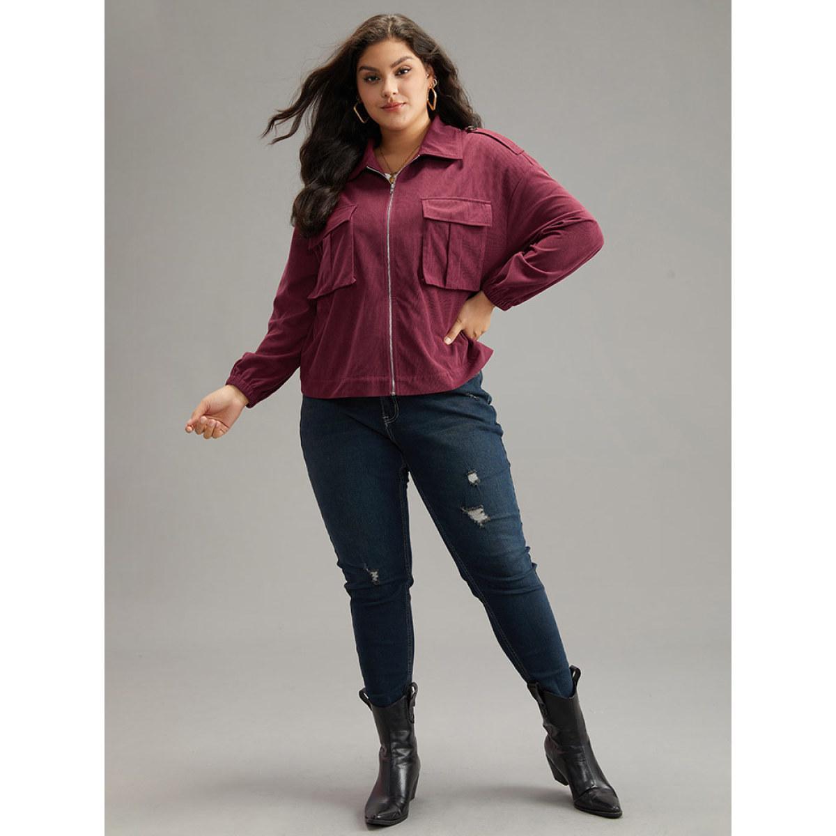 Plus Size Plain Pocket Zipper Elastic Cuffs Jacket Women Scarlet Elastic cuffs Pocket Dailywear Jackets BloomChic 26/4X Product Image