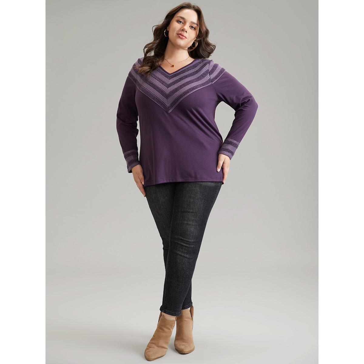 Plus Size V Neck Solid Patchwork Knit T-shirt Purple Women Casual Patchwork Plain V-neck Everyday T-shirts BloomChic 30/6X Product Image