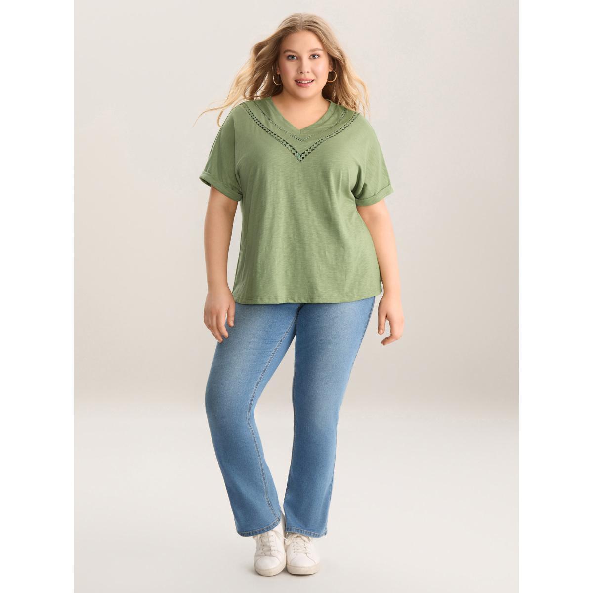 Plus Size Bamboo Fabric Lace Trim Flowy T-Shirt Greenbean Women Woven ribbon&lace trim V-neck Everyday-Casual T-shirts BloomChic 12/L Product Image