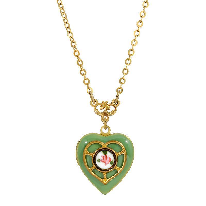 1928 Gold Tone Enamel Floral Heart Locket Necklace, Womens, Pink Product Image