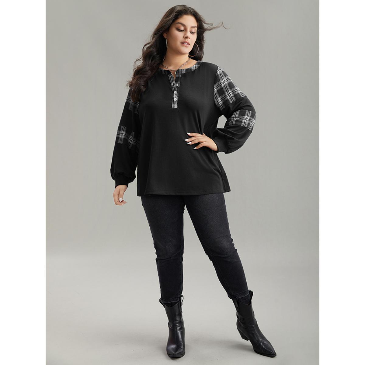 Plus Size Plaid Patchwork Button Up Rib Knit Sweatshirt Women Black Casual Elastic cuffs Open Front Dailywear Sweatshirts BloomChic 30/6X Product Image