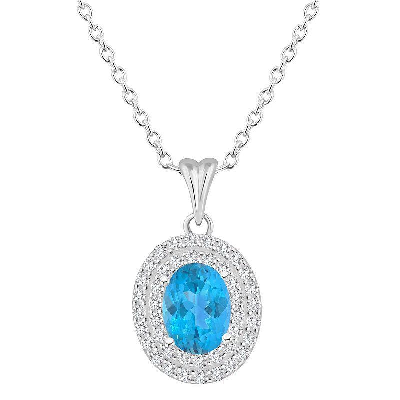 Celebration Gems Sterling Silver Oval-Cut Amethyst & White Topaz Double Halo Pendant Necklace, Women's, Size: 18" Product Image