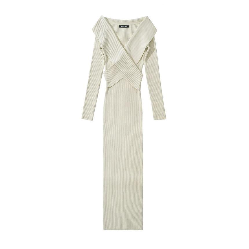 Long-Sleeve V-Neck Wrapped Plain Knit Maxi Sheath Dress Product Image