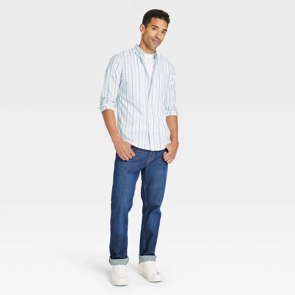 Men's Striped Long Sleeve Button-Down Shirt - Goodfellow & Co™ Blue M: Slim Fit, Front Pocket Product Image