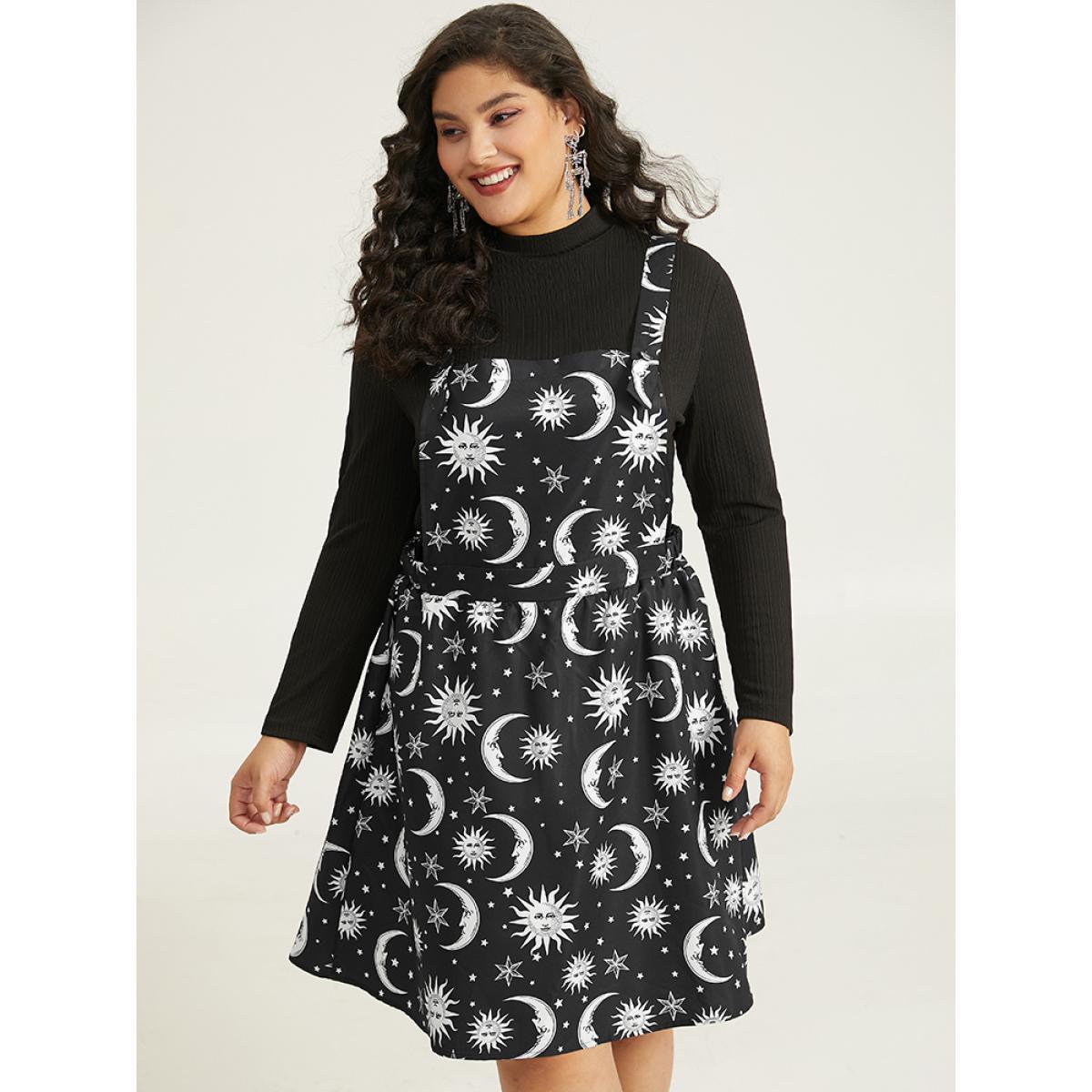 Plus Size Halloween Moon & Star Print Pocket Spaghetti Strap Dress Black Women Casual Adjustable Straps Spaghetti Strap Sleeveless Curvy Knee Dress BloomChic 10/M Product Image