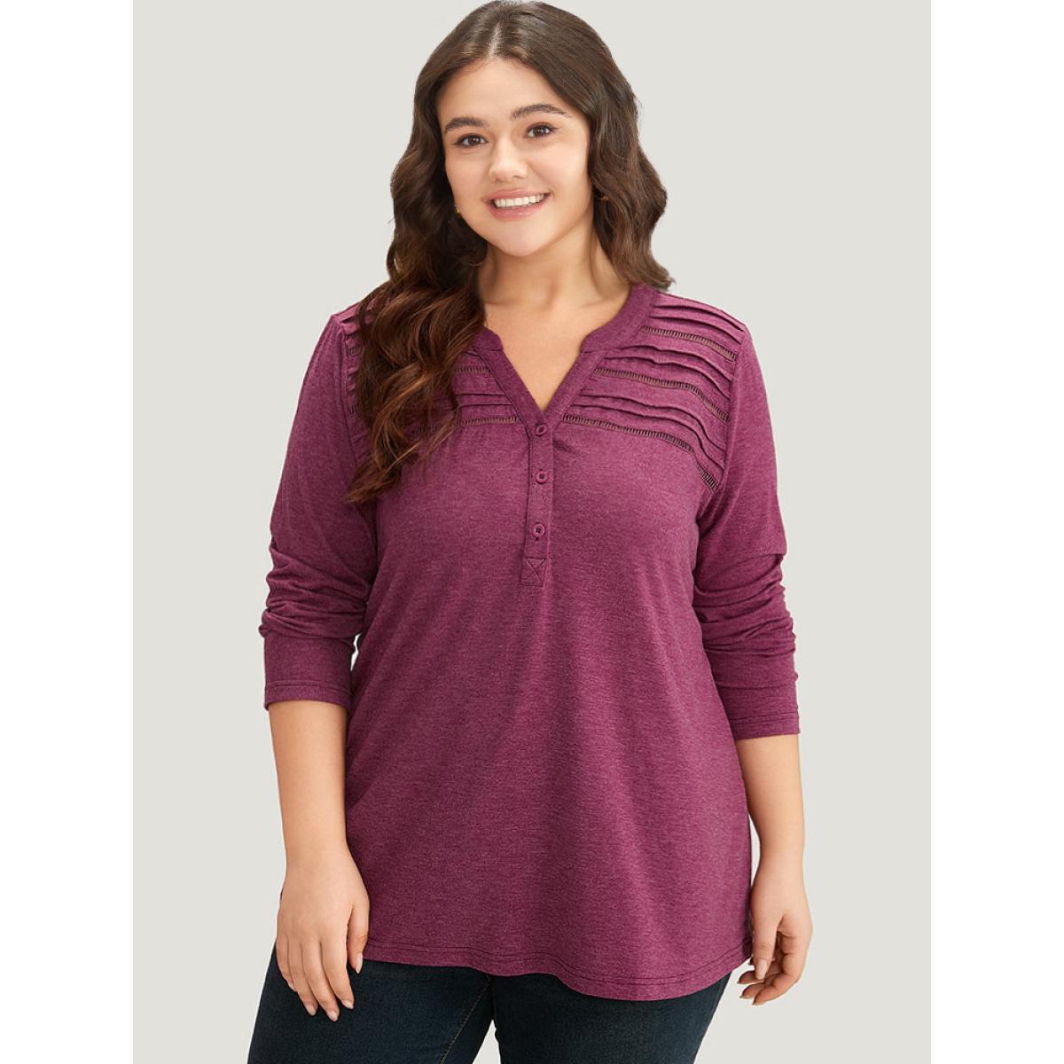 Plus Size Notched Pleated Button Up T-shirt RedViolet Women Casual Plain Plain Notched collar Dailywear T-shirts BloomChic 26/4X Product Image