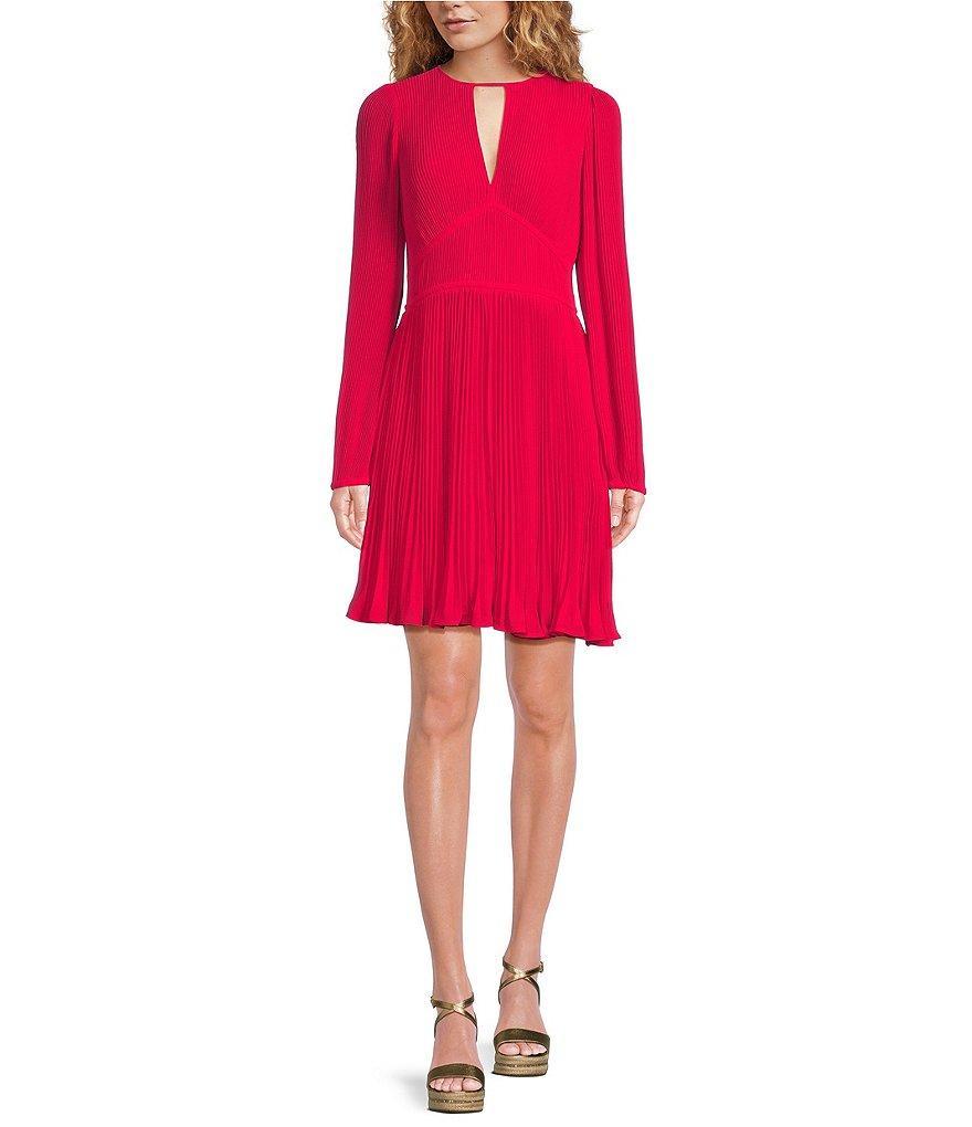 MICHAEL Michael Kors Solid Eco Poly Keyhole V-Neck Elastic Sleeve Cuff Fit & Flare Dress Product Image