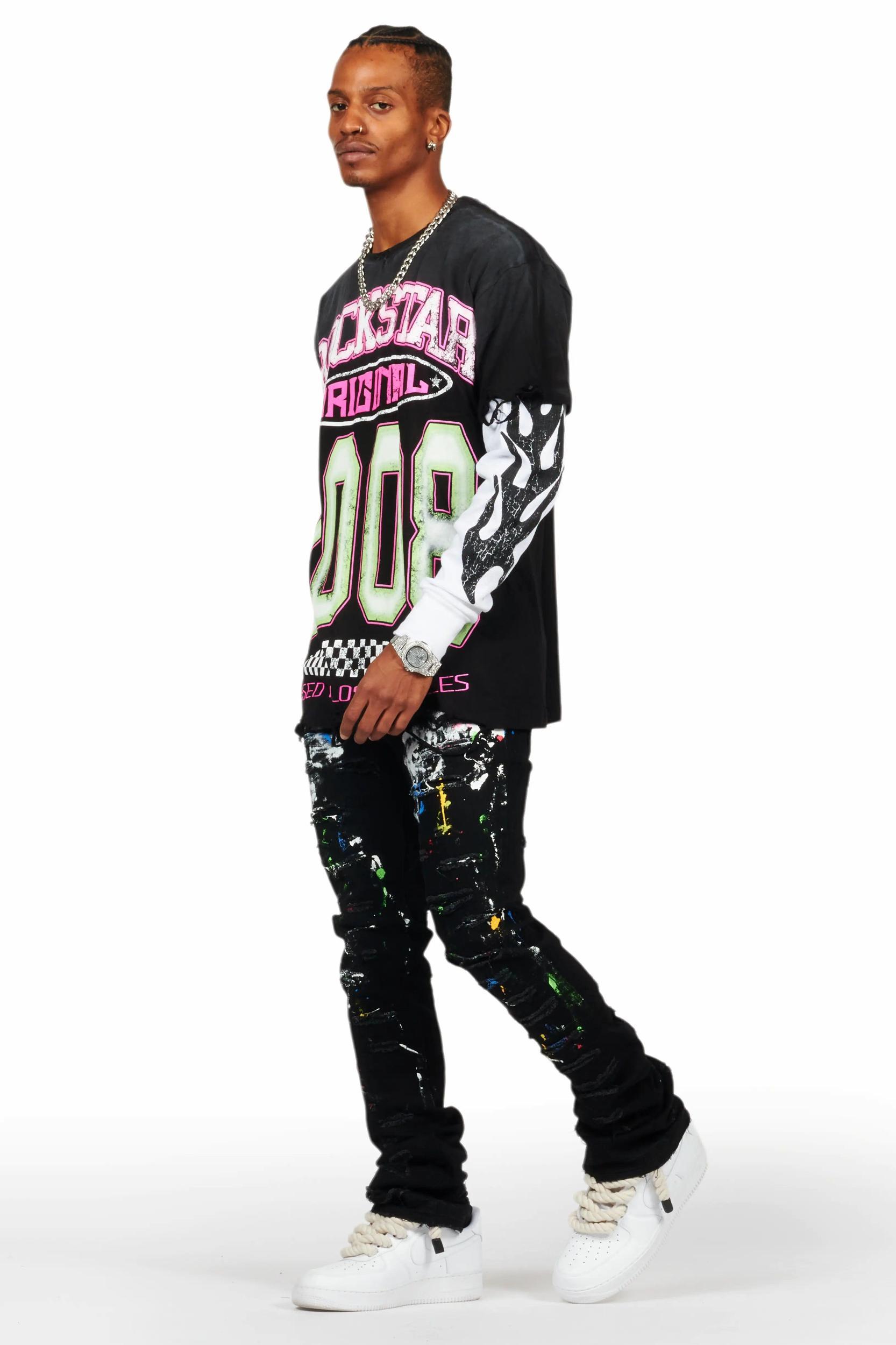 Jaren Black Double Layer Long Sleeve Graphic T-Shirt Male Product Image