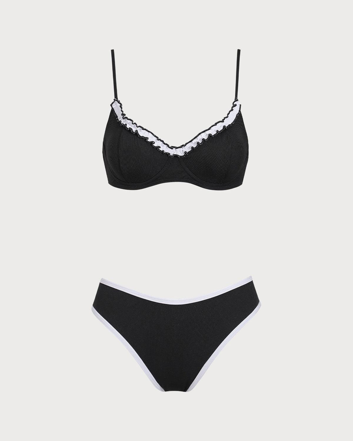 Black Knit Contrast Lace Underwire Bikini Set Product Image