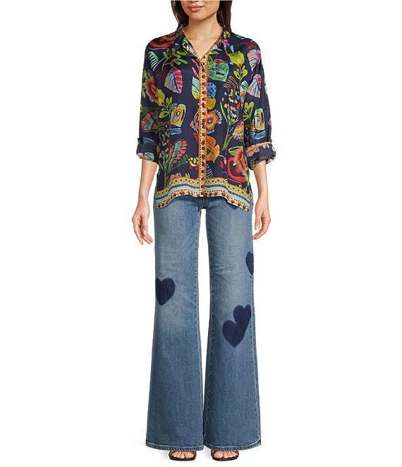 JOHNNY WAS Audrey Silk Farout Boho Floral Scarf Print V-Neck Long Roll Tab Sleeve Button Front Shirt Product Image