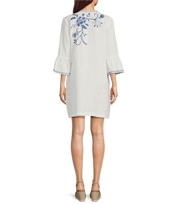 JOHNNY WAS Embroidered Linen Split V-Neck 3/4 Ruffle Sleeve Dress Product Image