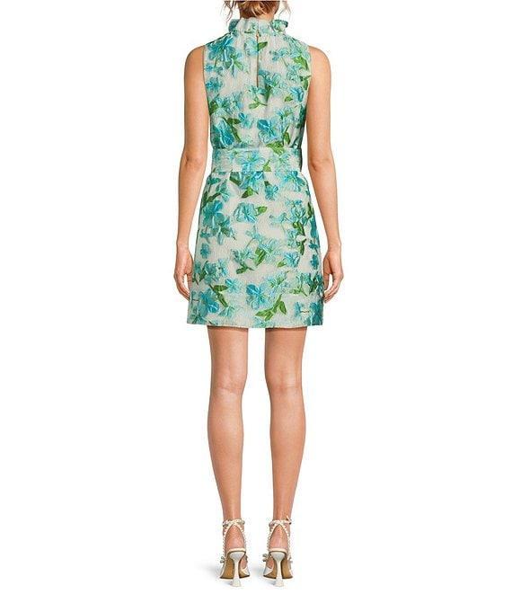 Abbey Glass Betty Ruffle Mock Neck Tie Waist Floral Print Mini Shift Dress Product Image