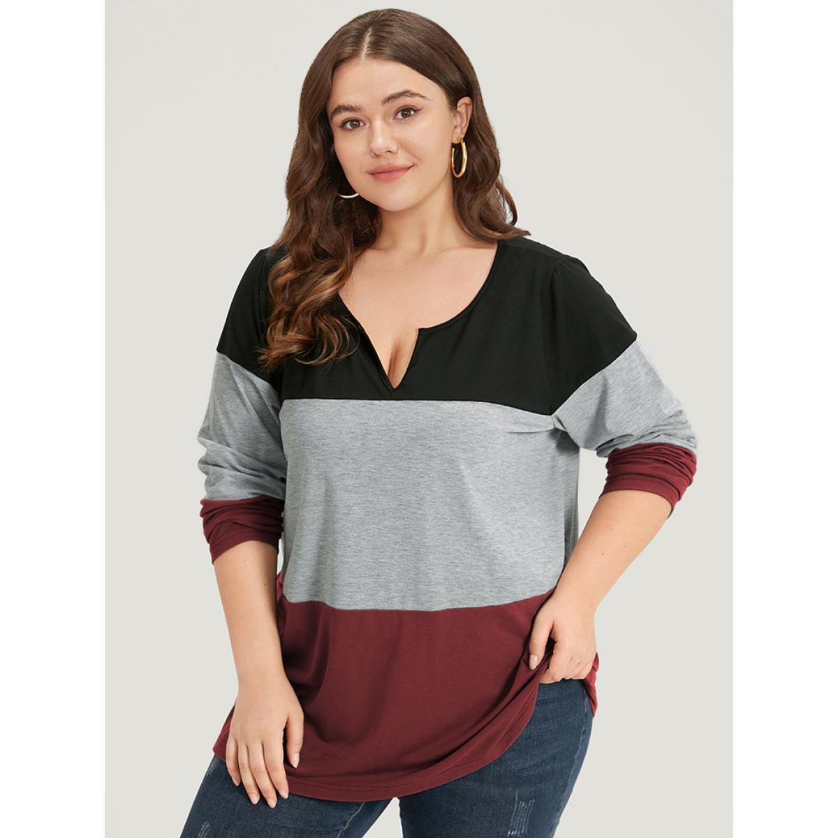 Plus Size Colorblock Contrast Notched Long Sleeve T-shirt Red Women Casual Contrast Plain Notched collar Dailywear T-shirts BloomChic 12/L Product Image