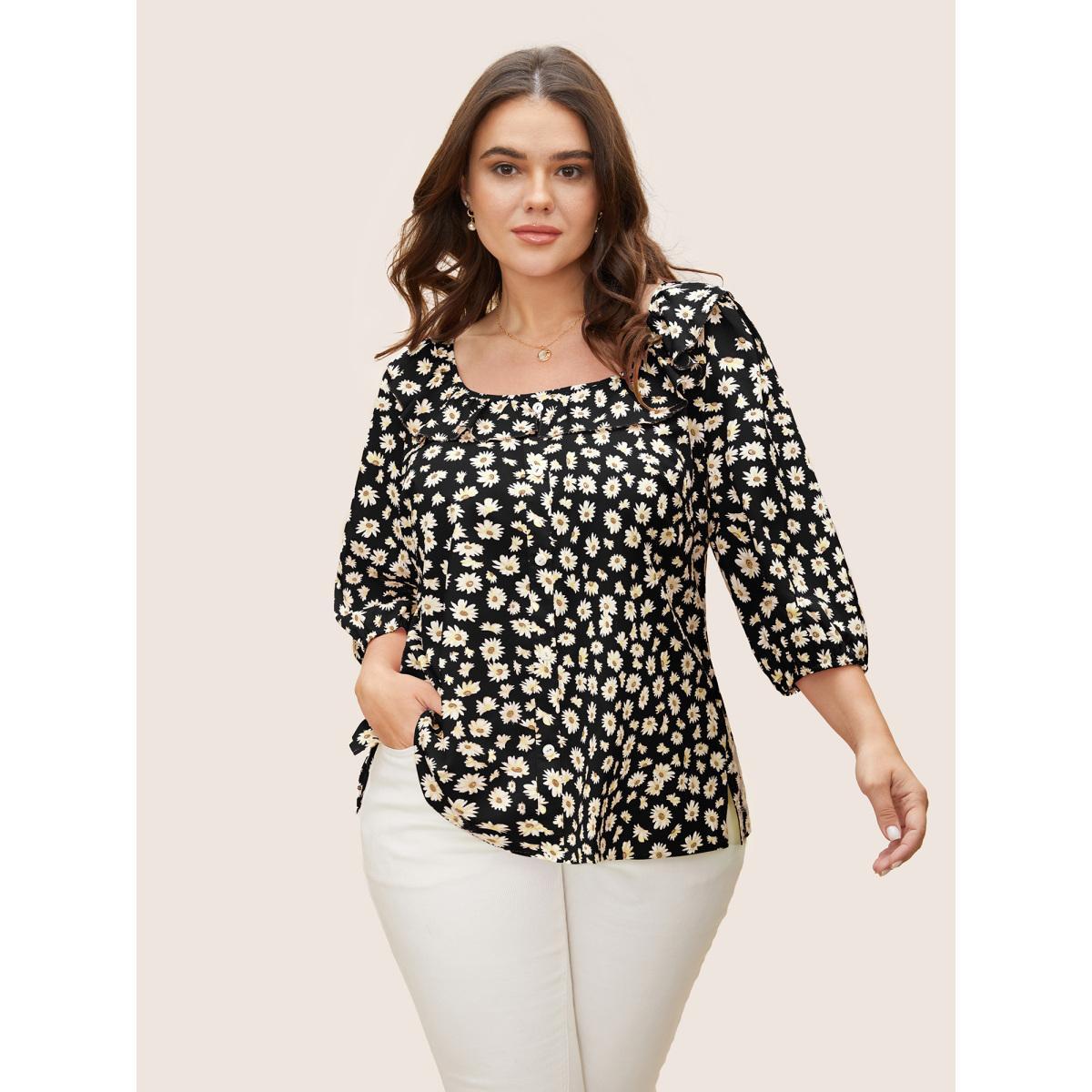 Plus Size Black Daisy Patterned Ruffled Collar Blouse Women Elegant Elbow-length sleeve Square Neck Everyday Blouses BloomChic 14-16/1X Product Image