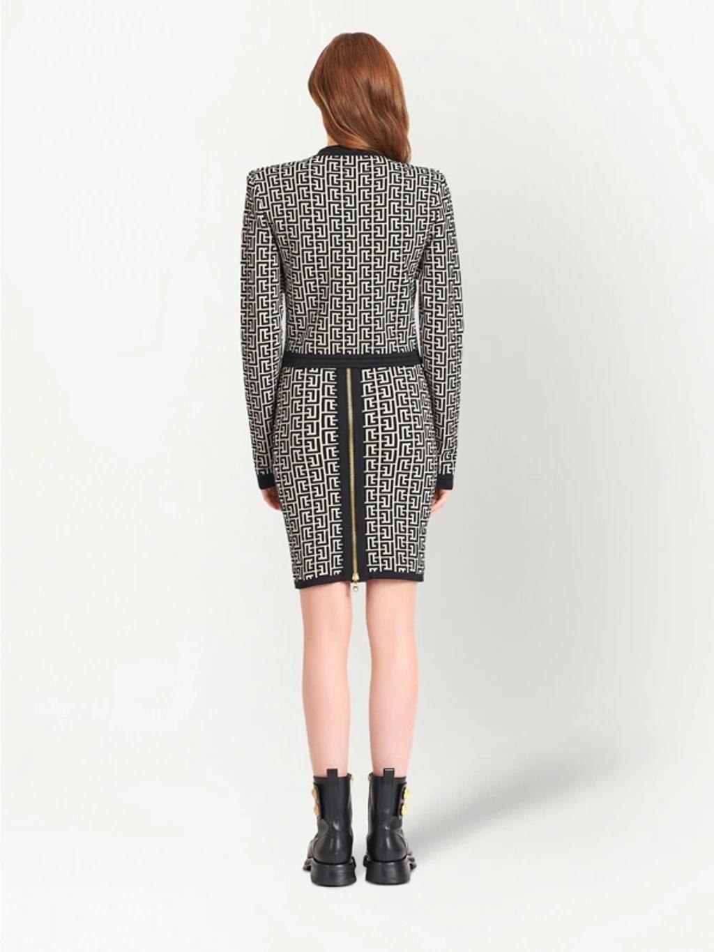 BALMAIN Monogram-pattern Cropped Jacket In Avorio/nero Product Image