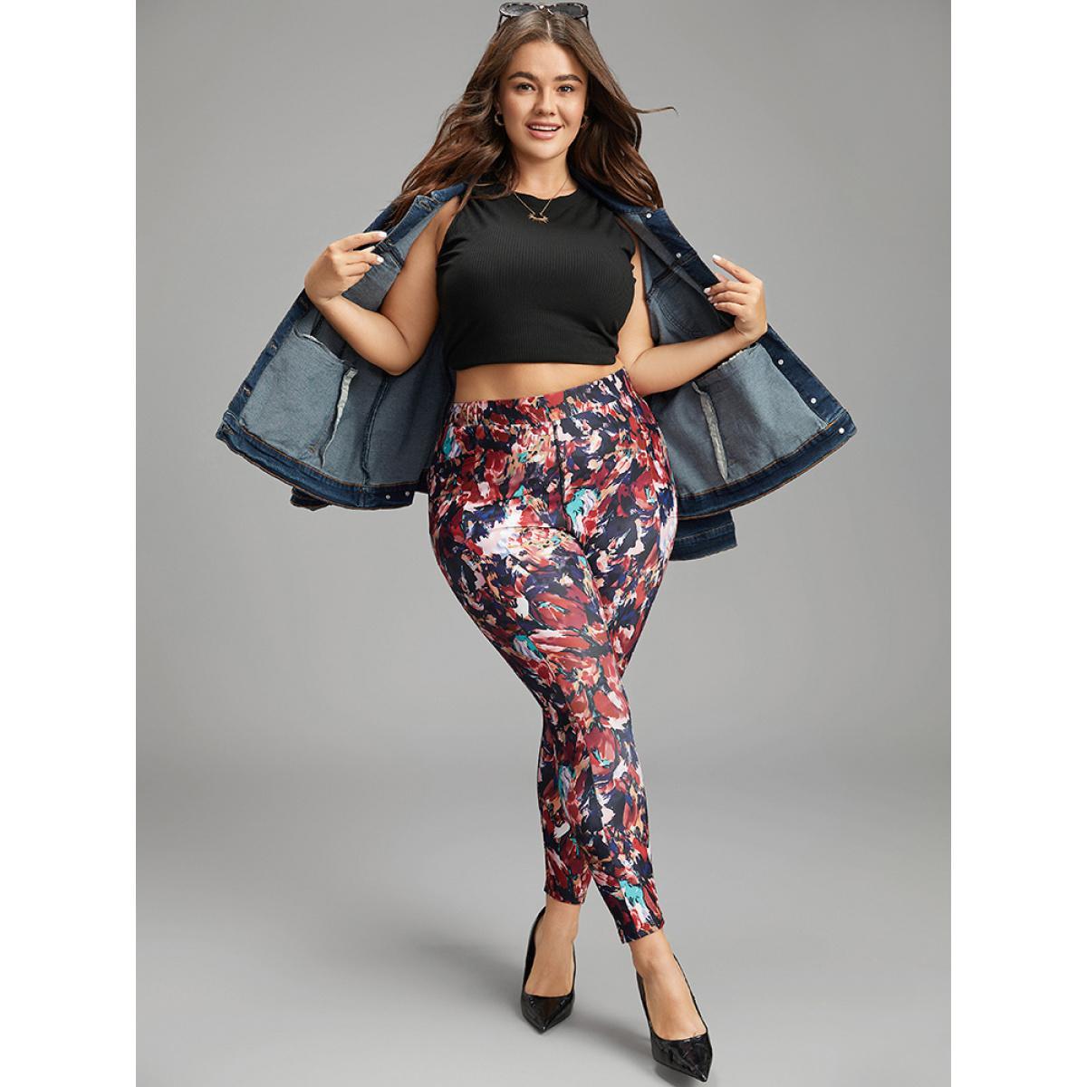 Plus Size Pixel Flower Pocket Elastic Waist High Rise Leggings Women Multicolor Casual High stretch Skinny High Rise Everyday Leggings BloomChic 14-16/1X Product Image