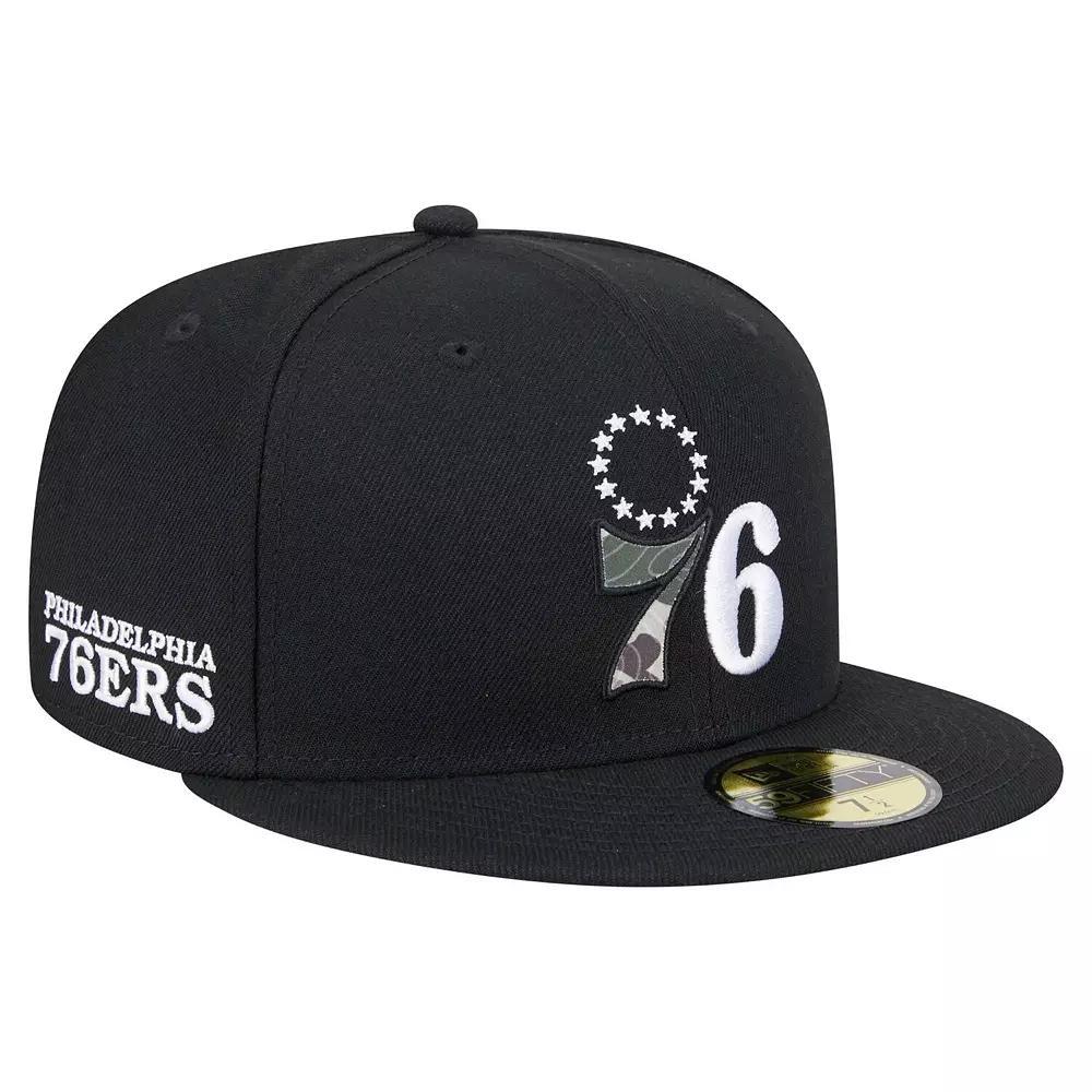 Men's New Era Black Philadelphia 76ers Camo Print UV 59FIFTY Fitted Hat, Size: 7 1/4, 76r Black Product Image