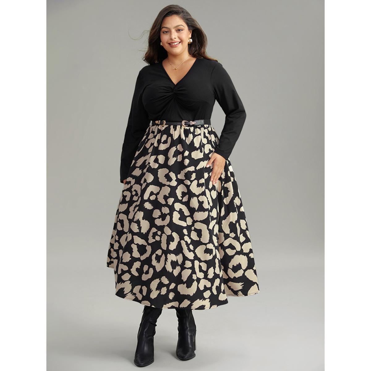 Plus Size Leopard Patchwork Pocket Twist Front Dress Black Women At the Office Printed V-neck Long Sleeve Curvy Midi Dress BloomChic 22-24/3X Product Image