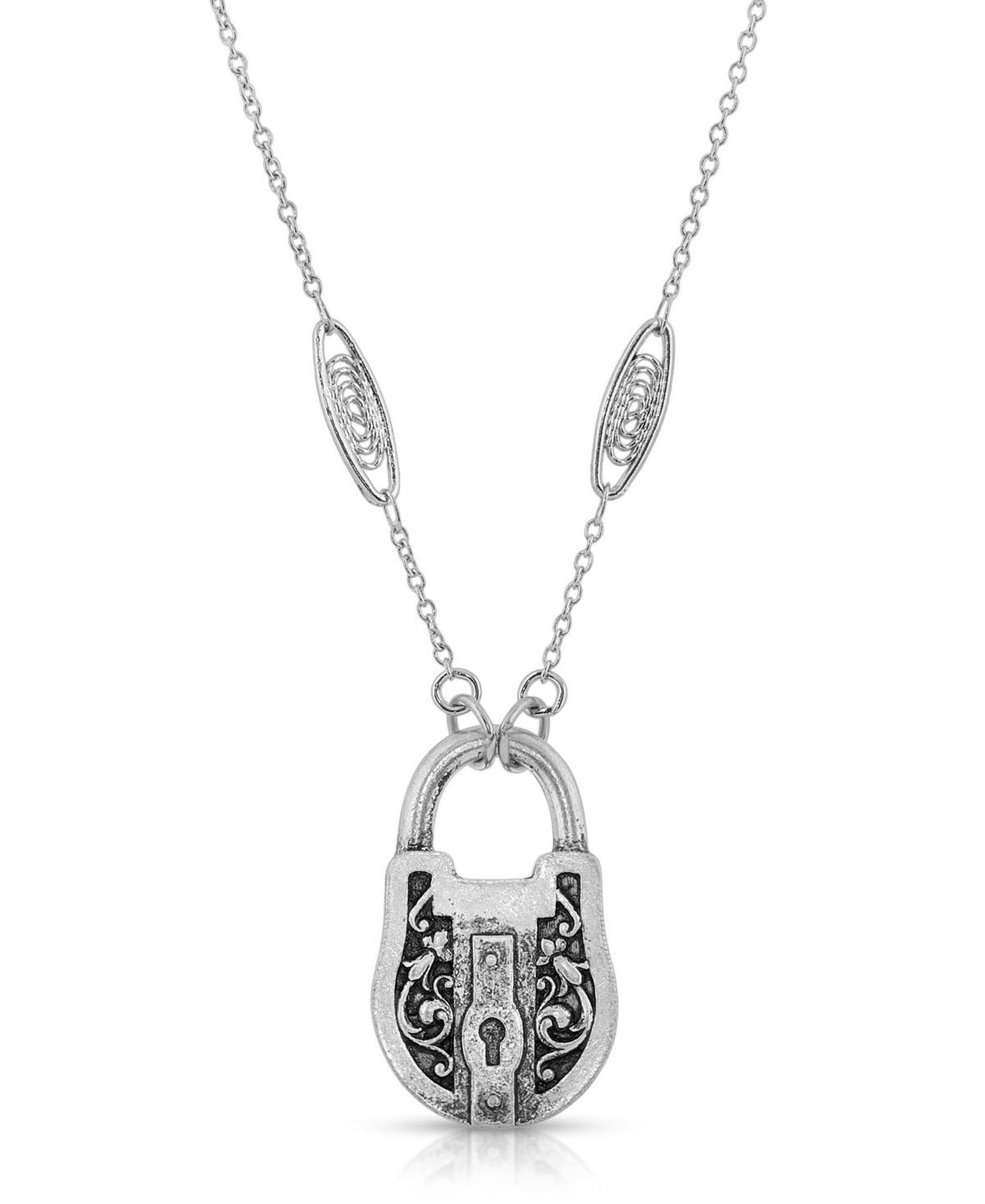 1928 Antiqued Silver Tone Padlock Necklace, Womens Product Image