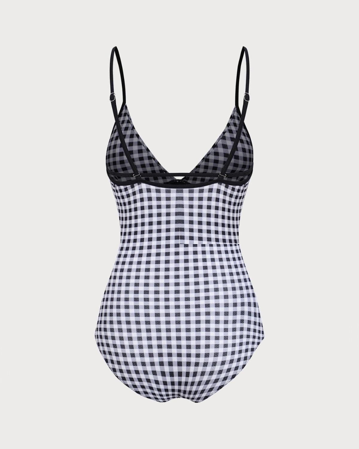 Black Plaid One-Piece Swimsuit Product Image