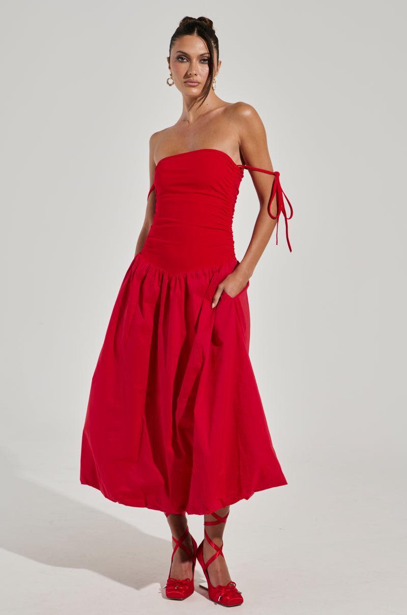 SITTING PRETTY POPLIN MIDI DRESS IN RED Product Image