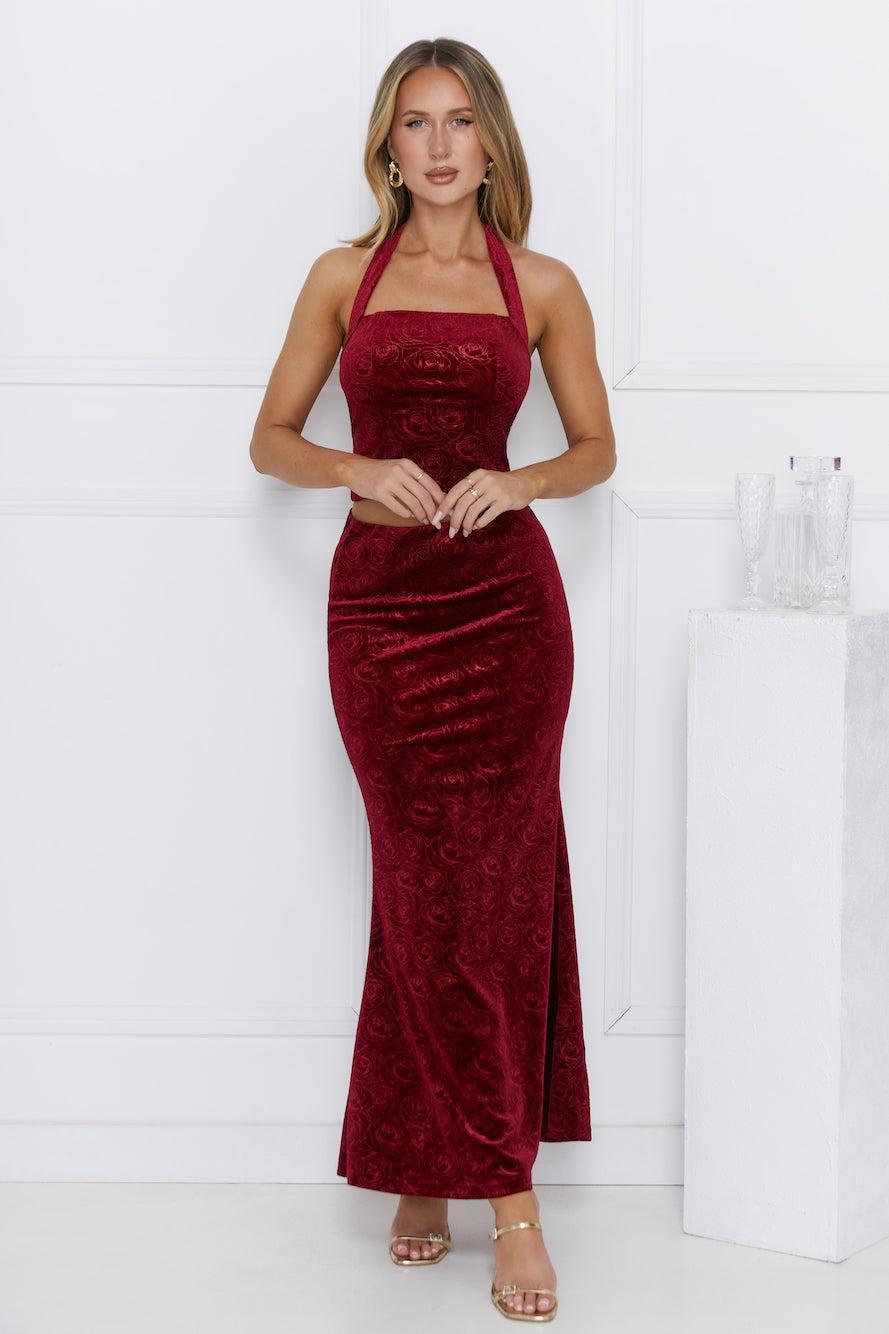 Velvet Gaze Halter Crop Top Burgundy Product Image