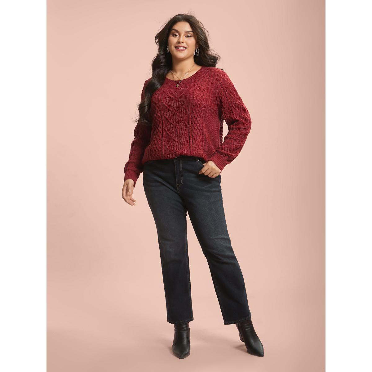 Plus Size Crew Neck Split Hem Textured Pullover Brightred Women Casual Loose Long Sleeve Round Neck Everyday Pullovers BloomChic 12/L Product Image