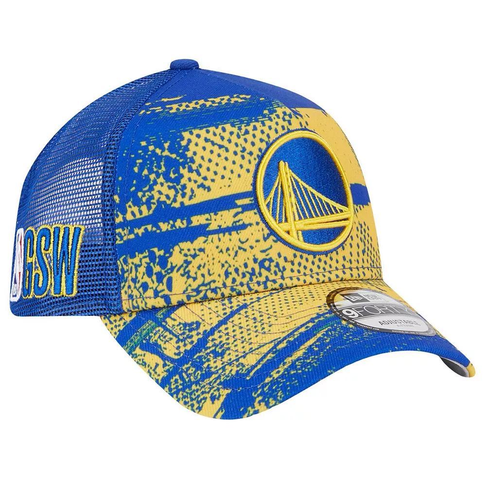 Men's New Era Royal/Gold Golden State Warriors Tip Off A-Frame Trucker 9FORTY Adjustable Hat, Blue Product Image