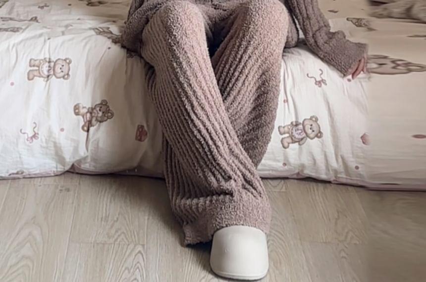Pajama Set: V-Neck Plain Ribbed Cardigan + Straight Leg Pants Product Image