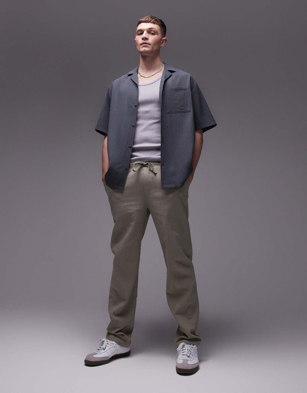 Topman straight leg textured pants in khaki Product Image