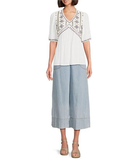 Nurture Petite Size Embroidered V-Neck Elbow Puff Sleeve Top Product Image