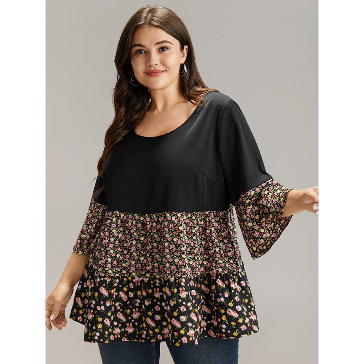 Plus Size Black Ditsy Floral Patchwork Tiered Flutter Sleeve Blouse Women Casual Elbow-length sleeve Scoop Neck Everyday Blouses BloomChic 10/M Product Image