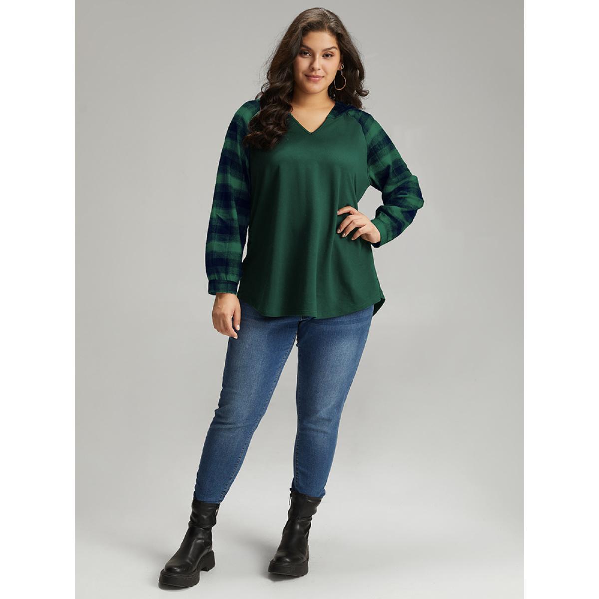 Plus Size Plaid Print Hooded Patchwork Sweatshirt Women DarkGreen Casual Patchwork Hooded Everyday Sweatshirts BloomChic 28/5X Product Image